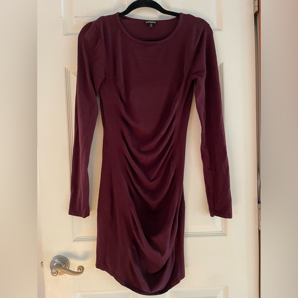 Express Long Sleeve Ruched Bodycon Knit Dress in Wine